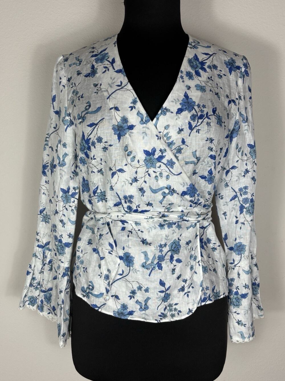Masano New York 100% Linen Floral Wrap Blouse Bell Sleeve Lace Trim Boho Sz 6